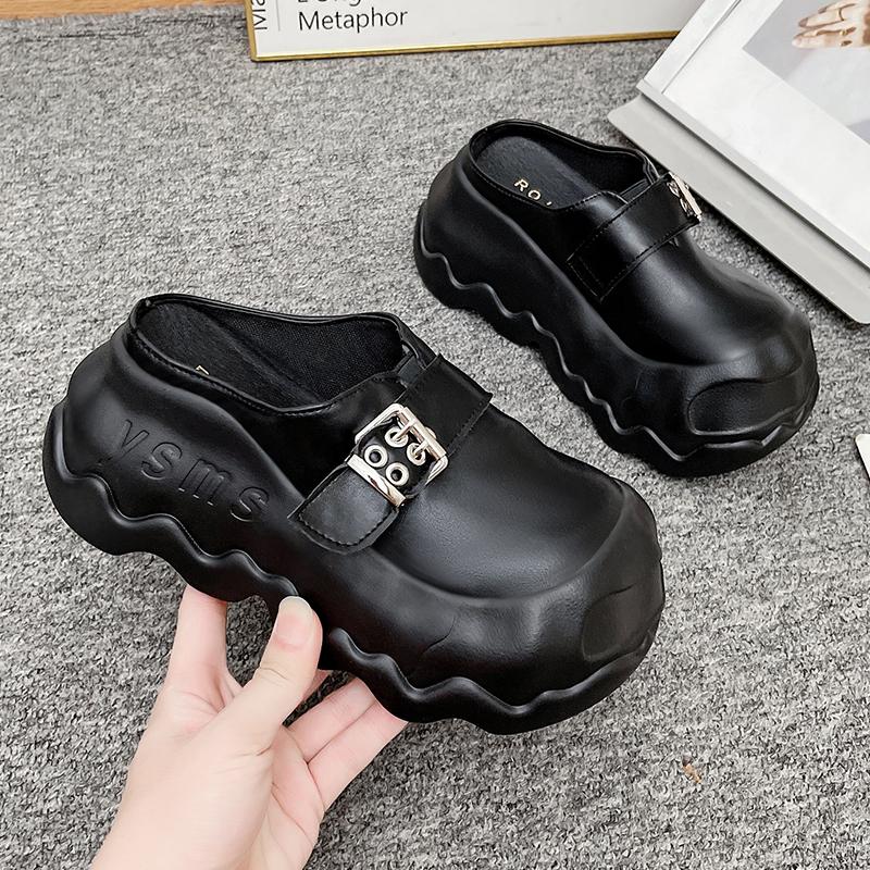 Fashion Slippers Women 2025 New Autumn Winter 8cm Thick-soled Half Slippers Leather Female Wear Fashion Closed Toe Women Slippers