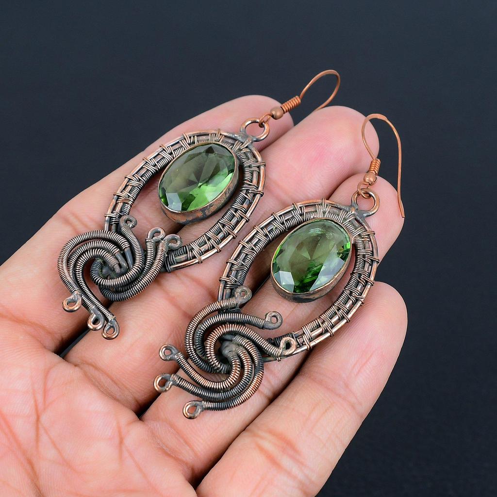 Green Amethyst Gemstone Earrings, 999 Copper Wire Wrapped Earrings, Handmade Antique Jewelry, Gift For Mother Day