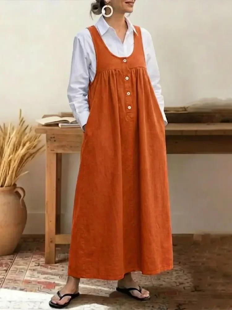 2026 Solid Color Sleeveless Button Strap Dress - Loose, Casual Style for Europe & America
