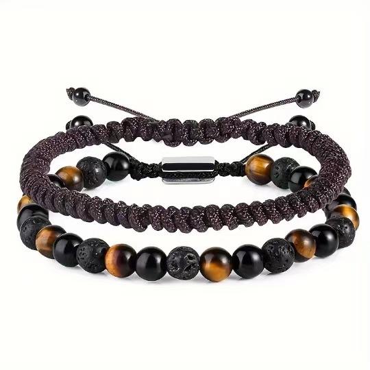 Father's Day Bracelet Set Men's Adjustable Diamond Knot 6mm Volcanic Stone Obsidian Tail Bead Lapis Lapis Bracelet