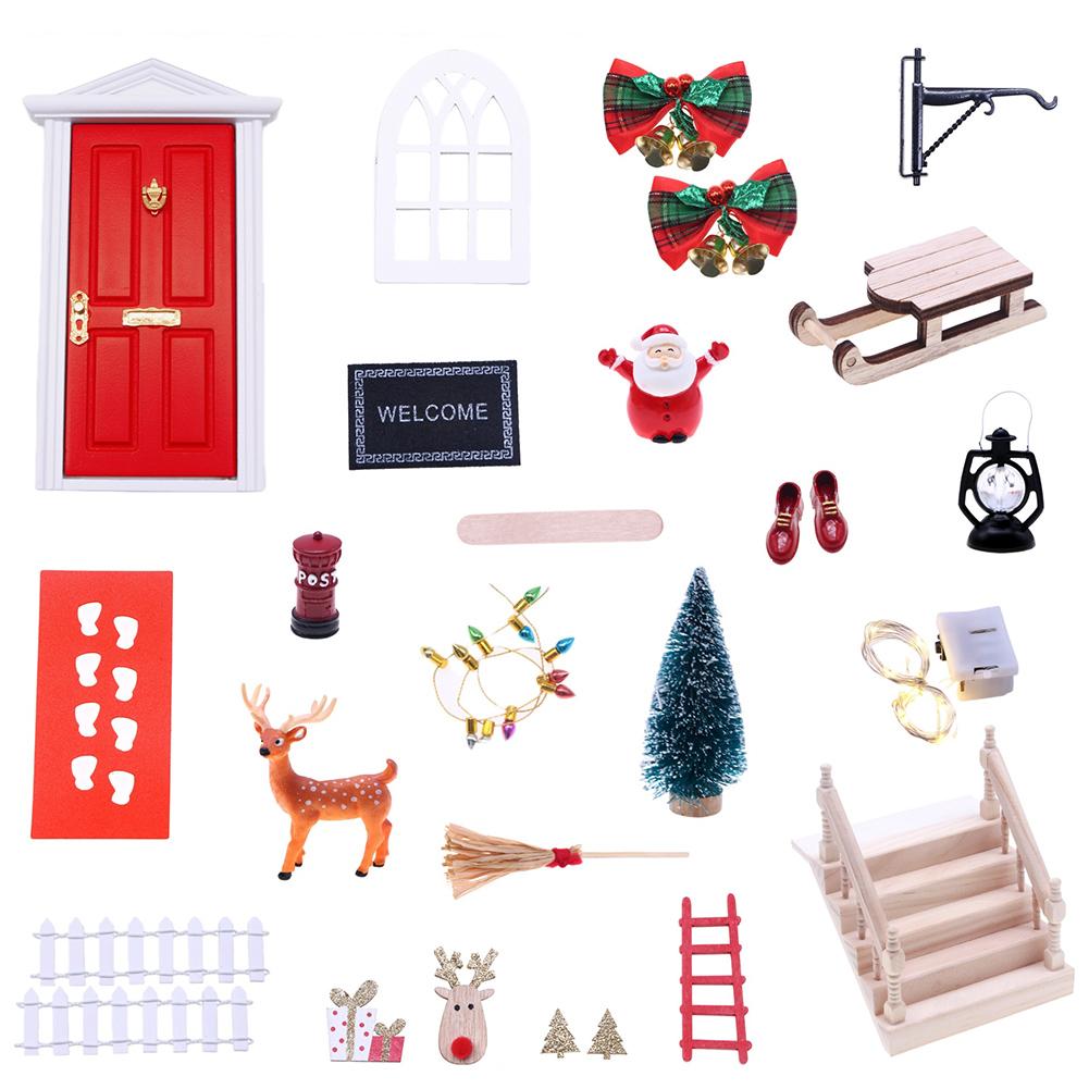 

26Pcs Doll House Christmas Decoration with LED Lights Miniature Christmas Dollhouse Accessories Wooden Dollhouse Door Kit