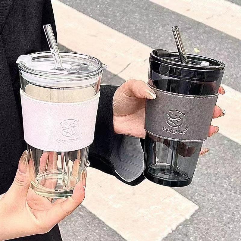 

Straw Cup Simple Glass Cup Ins Feng Shui Cup Office Insulation Anti-scalding Straw Cup Event Gift Cup 450ml