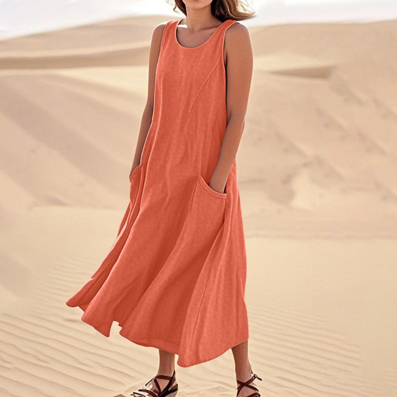 

Женские повседневные однотонные платья из хлопка с круглым вырезом без рукавов и карманами XL