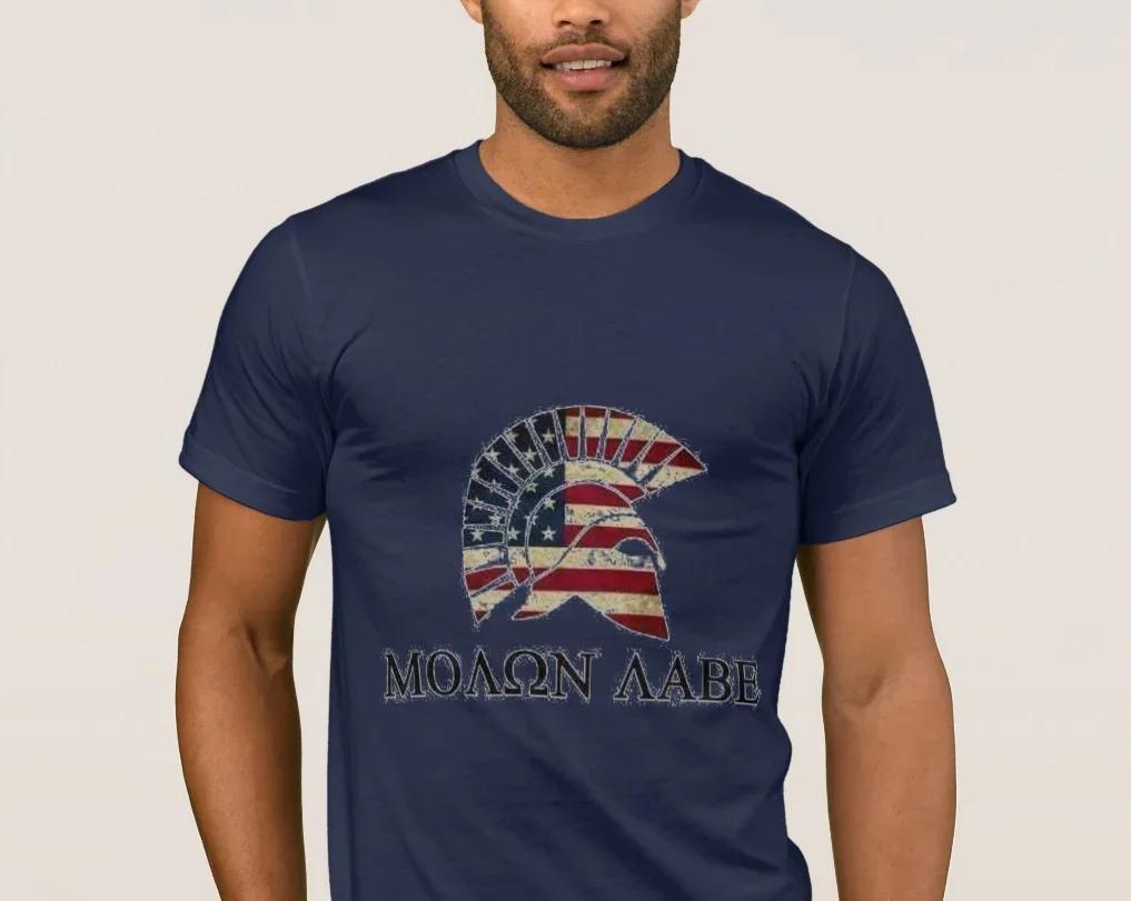 American Flag Spartan Helmet Molon Labe T-Shirt 100% Cotton O-Neck Summer Short Sleeve Casual Mens T-shirt Size S-3XL