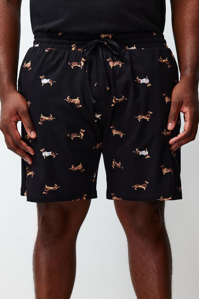 Herrenstil Übergröße Schwarz Bedruckter Übergröße Pyjama-Set mit Strickshorts