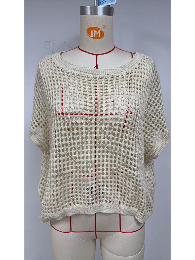 2025 Summer Women's Five-Sleeve Sexy Cutout Knit Beach Cover-Up Sweater