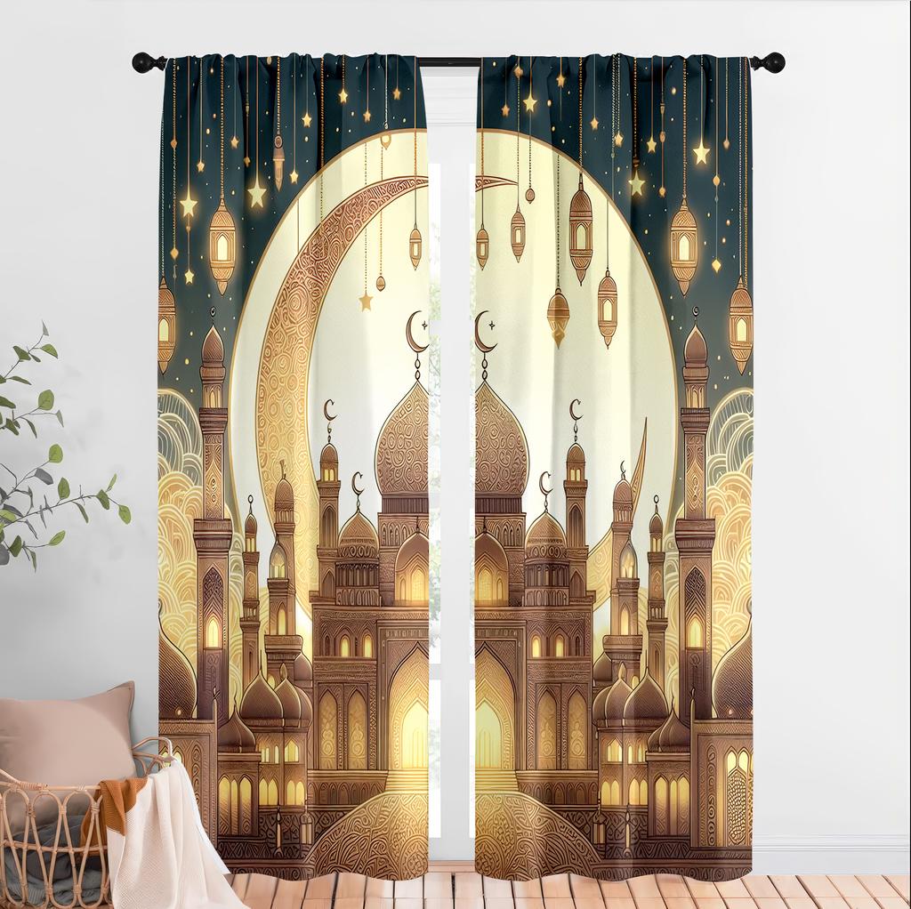 2pcs Gilded Mosque & Lantern Curtains   Perfect for Ramadan/Eid Window Decor   Opulent Home Living Room Bedroom Decor