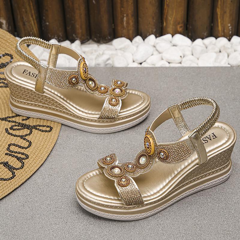 Fashion Fashion Crystals Wedges Heel Sandals Women Summer Chunky Platform Bohemian Sandalias Mujer Slip On High Heels Sandles Female 43