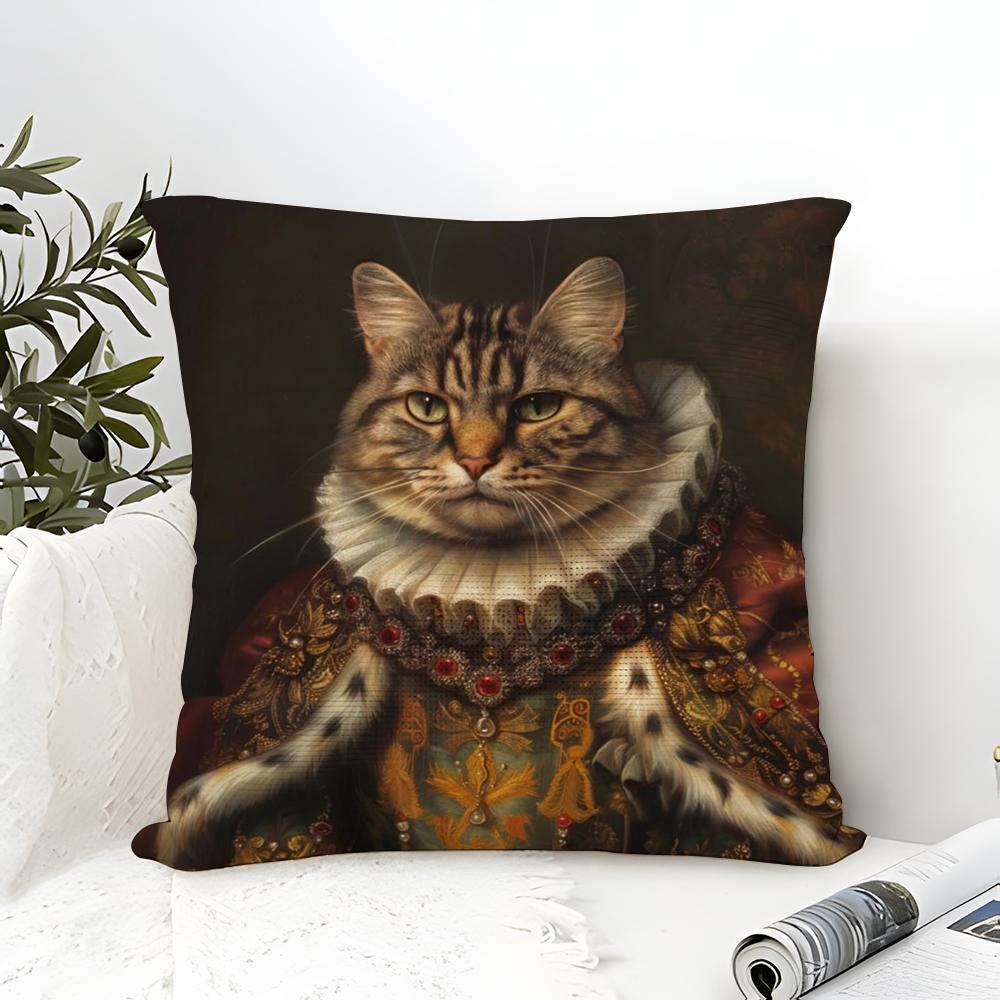 Renaissance Royal Cat Funny Pillow Case Cotton Linen Fabric Square Zipper Pillowcase Home Decorative Living Room