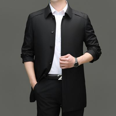 Spring and Autumn New Men's Trench Coat Medium and Long Fashion Casual Lapel Solid Color Dad Casual Trench Coat