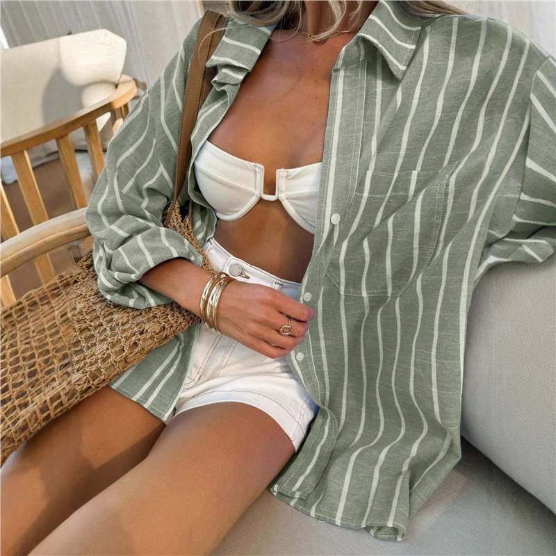 2025 spring and autumn European and American women's clothing loose polo collar striped holiday shirt fashion button women's T-shirt top