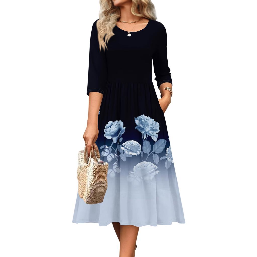 3/4-Ärmel Damenkleid Lässig Fließend A-Linie Midi T-Shirt Kleider mit Taschen Rundhalsausschnitt Urlaub Boho Strand Sommerkleid