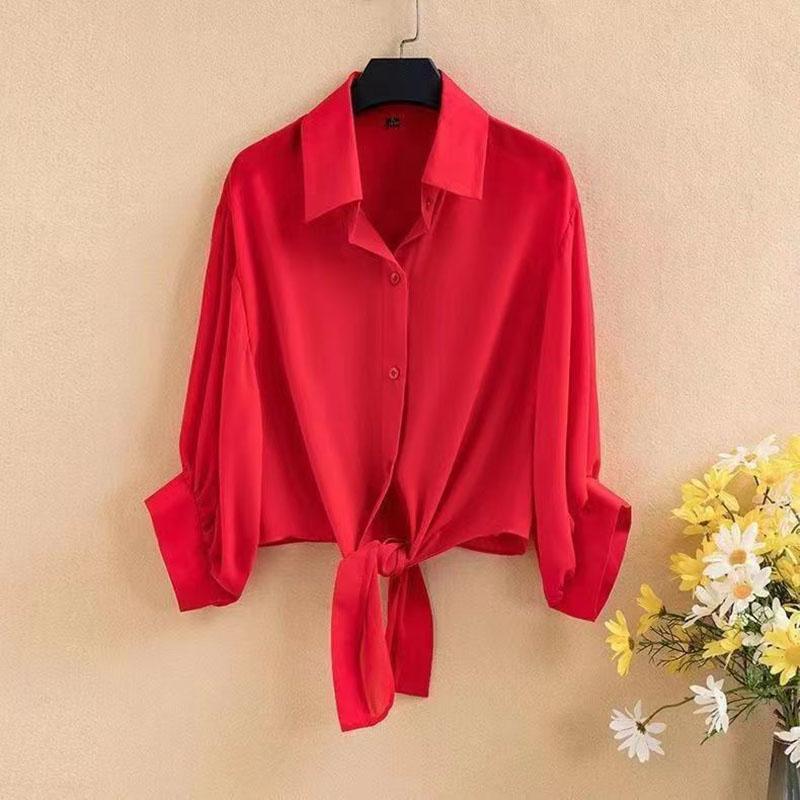 

Summer Sun Protection Shirts Ladies Solid Color Tied Waist Half Sleeve Button Blouse Women Casual Loose Chiffon Shirt XXL червоний