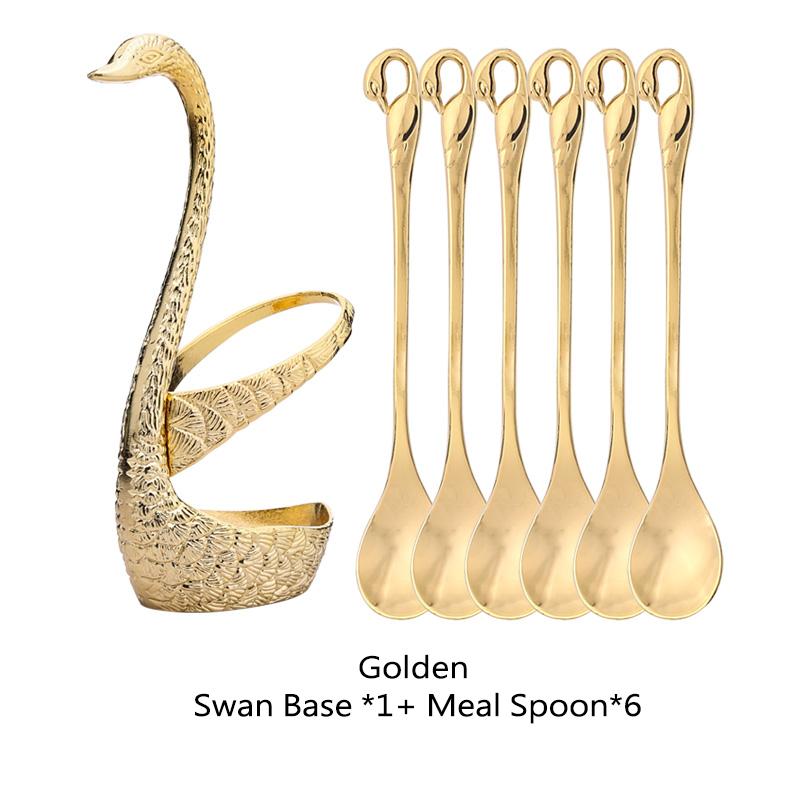 Stainless Steel Swan Base Holder with 3 Dessert Forks Coffee Spoons Set Tableware Home Decor Swan Base Holder Fruit Forks Set