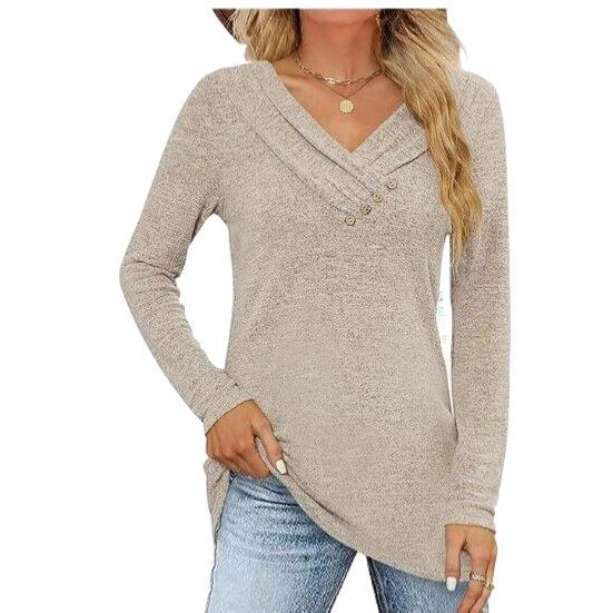 Women S Casual Solid Color V Neck Button Long Sleeve Top