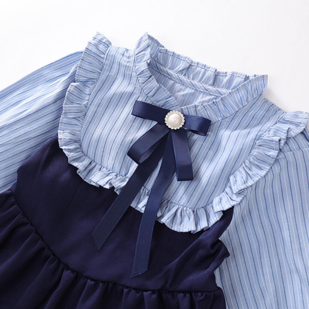 Herbst 2025 Mädchen Gestreiftes Colorblock Langarmkleid mit Falschem Zweiteiler Koreanisches Design