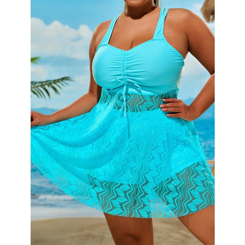 Women's Pink Lace Overlay Crisscross Back Drawstring Tankini Swimsuit