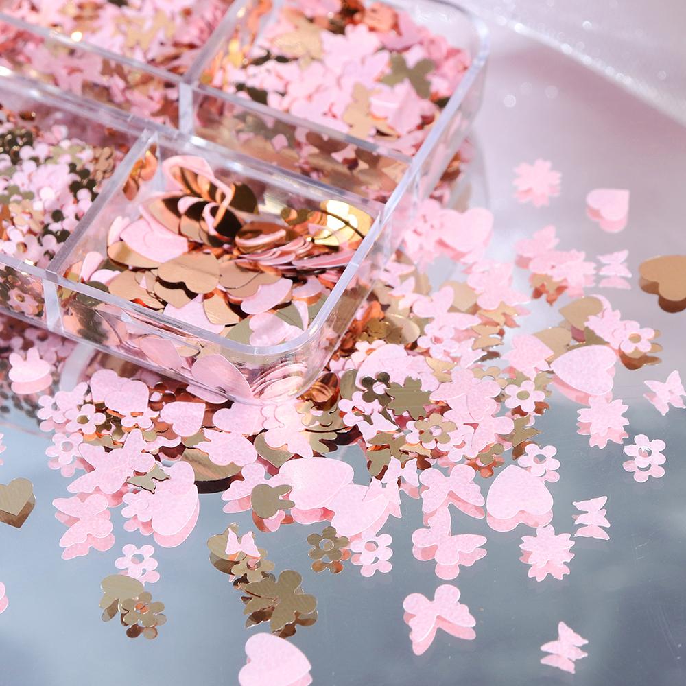 6 Gitter gemischte Formen Nail Art Pailletten dekorative rosa Blume Schmetterling Liebe Flocken Sommer Maniküre Design Zubehör