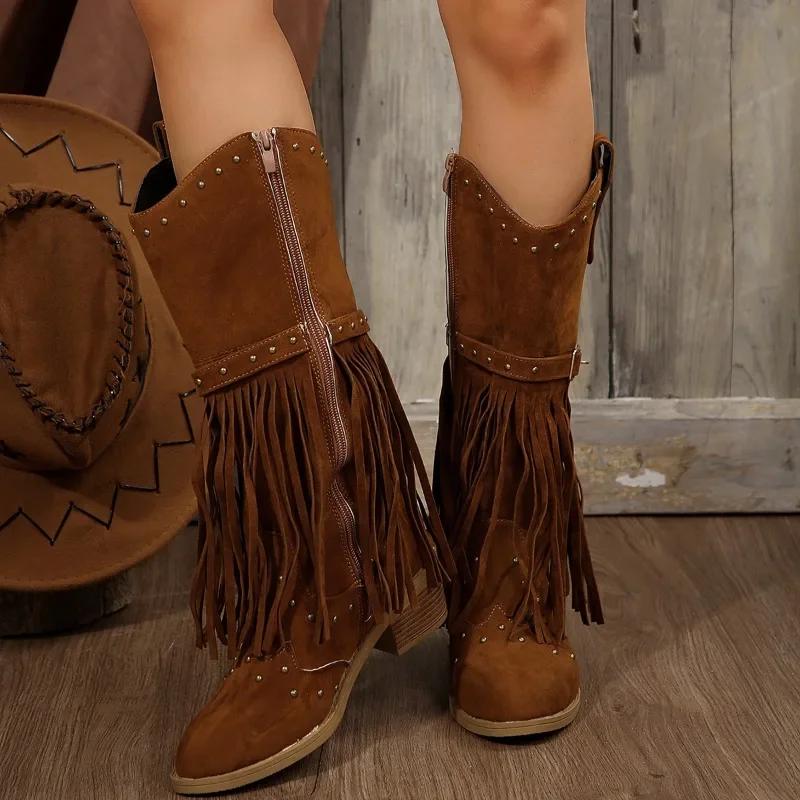 New Fashion Versatile Retro Women'S Boots Tassel Mid-Calf Boots Thick Heel Cowboy Boots Women'S Pointed Toe Knight Shoes
