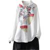 Women's Irregular Color Matching Printed Cotton and Linen Shirt Long-sleeved White Shirt