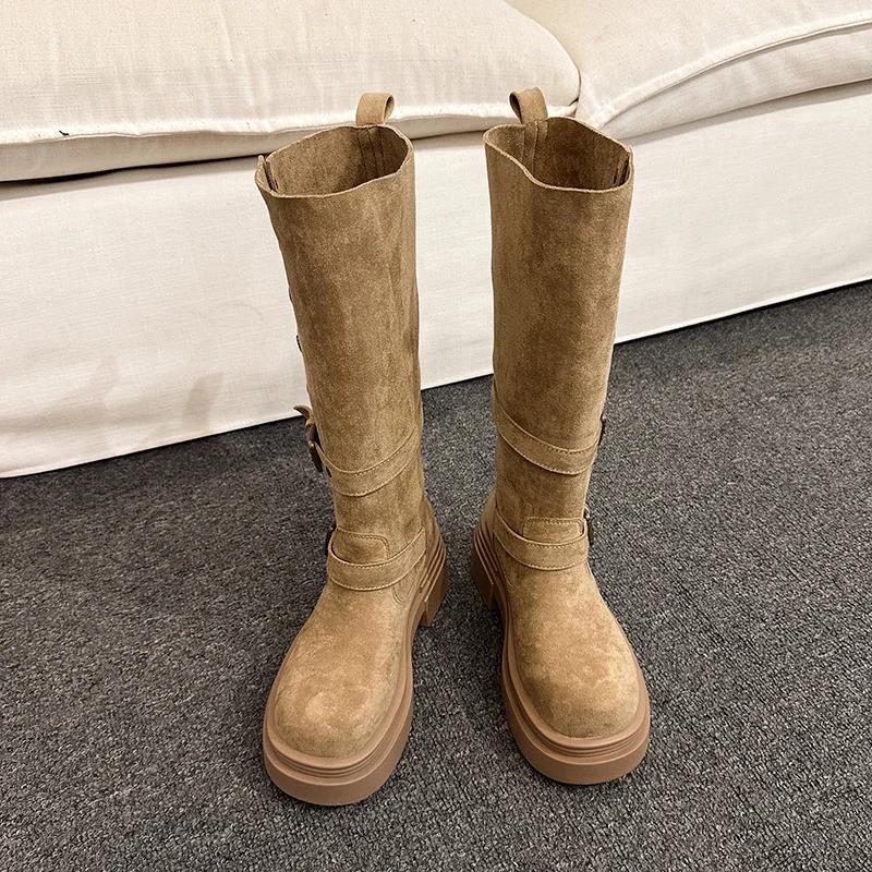 Vintage Knight Women Mid Calf Boots Fashion Slip On Long Booties Autumn Winter Thick Heels Ladies Shoes