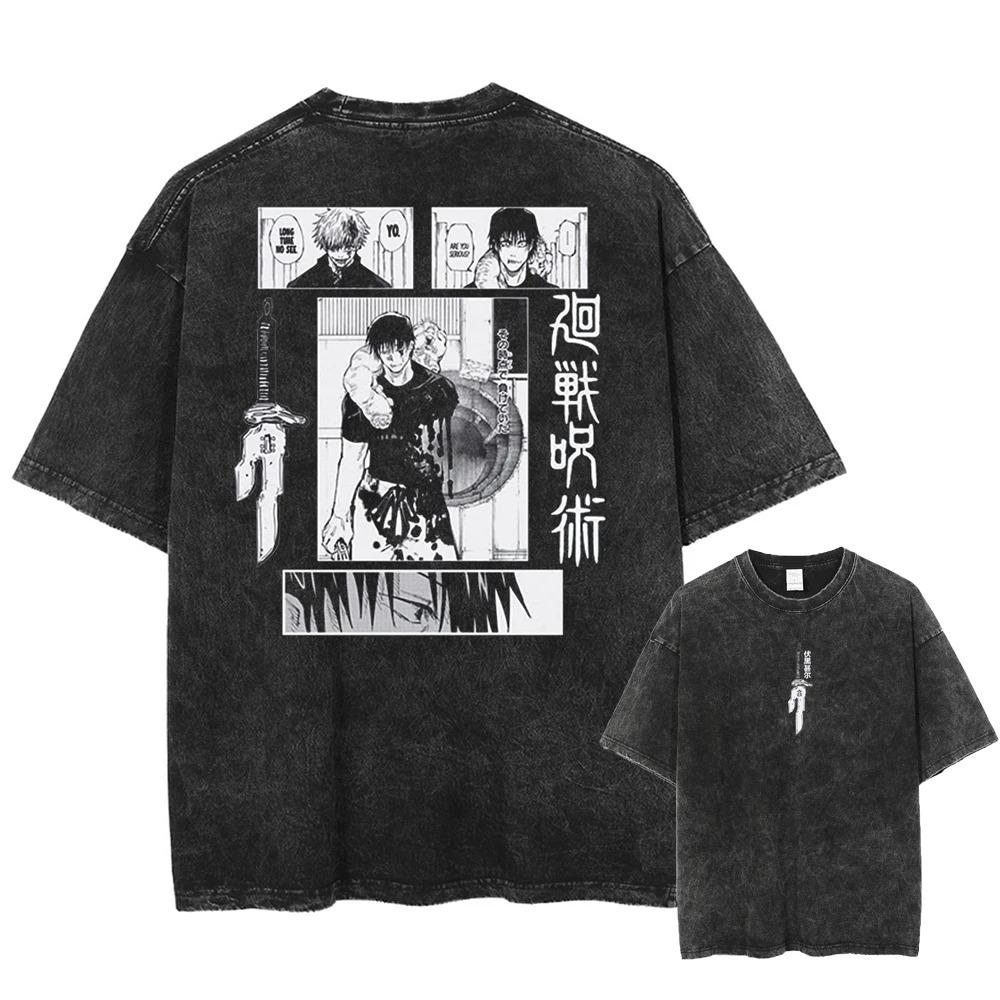 Fushiguro Toji Grafik T-Shirt Jujutsu Kaisen Vintage Gewaschen Übergroßes Y2K T-Shirt Lässiges Baumwoll Kurzarm Bequeme Damen Herren Kleidung