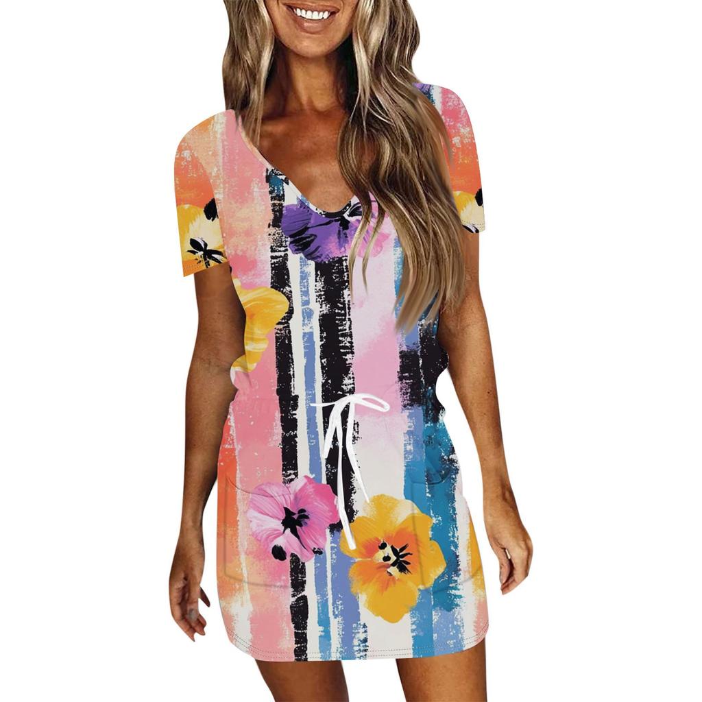 Women's Casual V-Neck Short Sleeve Drawstring Independence Day Printed Dresses