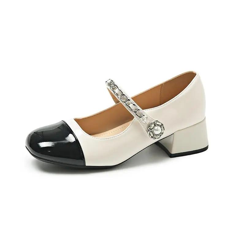 

Мода 2024 года, новые летние женские туфли с жемчугом в стиле твида, винтажные толстые туфли средней высоты из кожи с латексной подошвой и резиновым верхом 35 бежевый