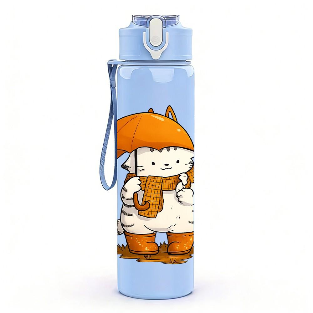 1PC Umbrella Cat Cartoon 750ml Color Plastic Sports Water Bottle Leakproof Flip Straw Lid Suitable for Sports Office Home Use