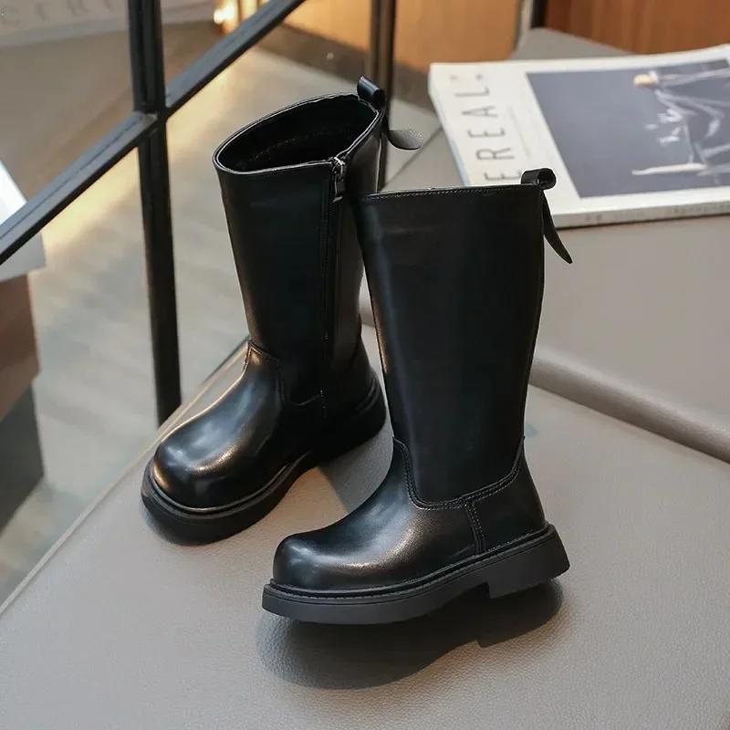 Girl's Long Boots Black Pu Leather Platform Plush Trendy Children Winter Boot Zipper Knee-high Handsome Stylish Kids Shoes 26-36