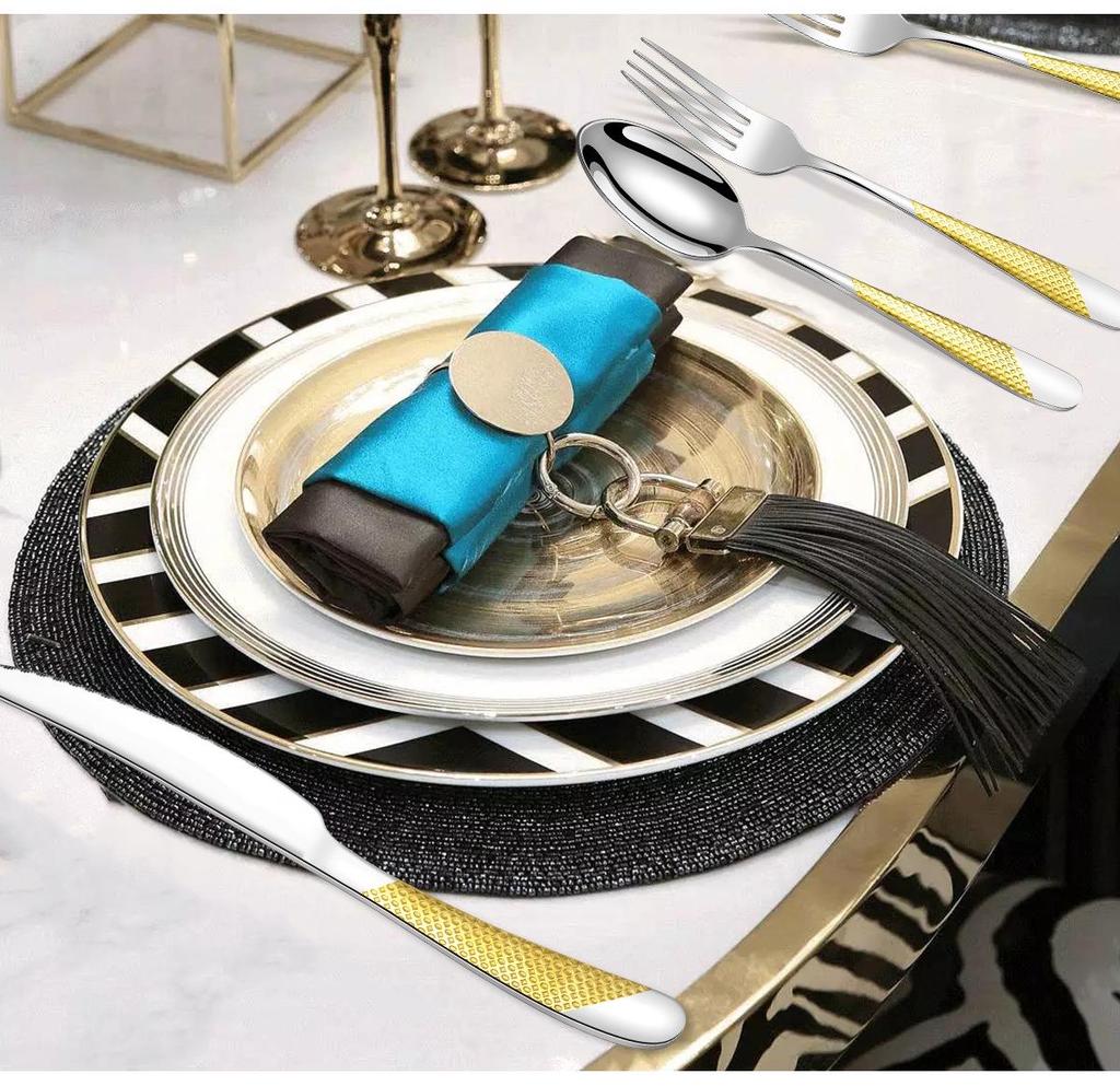 Zestaw 24-częściowej, pozłacanej zastawy stołowej ze stali nierdzewnej o wysokiej wartości: Zestaw noży, widelców i łyżek dla 6 osób, z motywem gwiazdy i diamentu, w pudełku prezentowym.