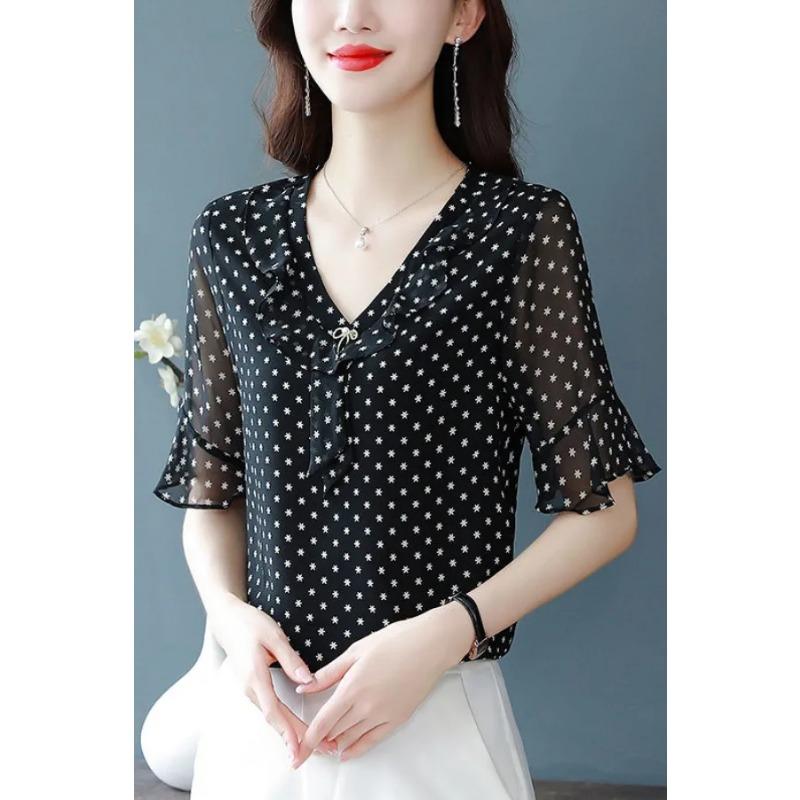 High-end Chiffon Shirt Fashionable Upscale Summer Loose Short-sleeved Top Elegant Dress Top