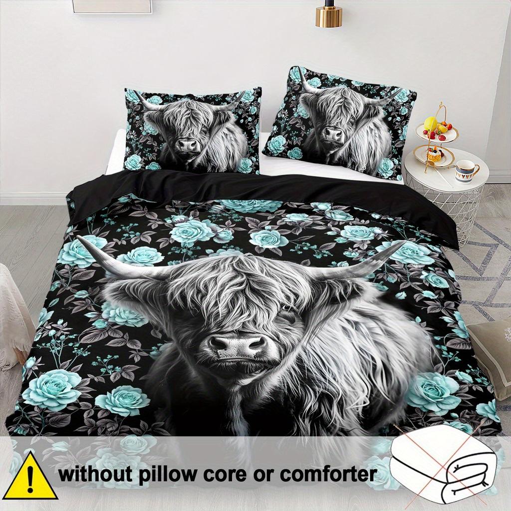 Green Rose Around Cow Printed Duvet Cover No Filling 3PCS Bedding Set High-Definition Huper-Realistic Style For Adult Kids Room