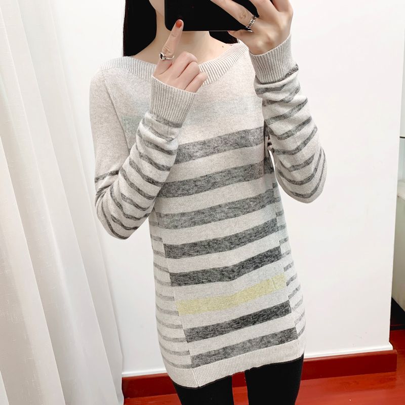 

Fall Sunshine House New Arrival Export European and American Women s Clothing round Neck Stripes Long Sleeves Thin Sweater plus Size Bottoming Sweater Grey Bust Size 88