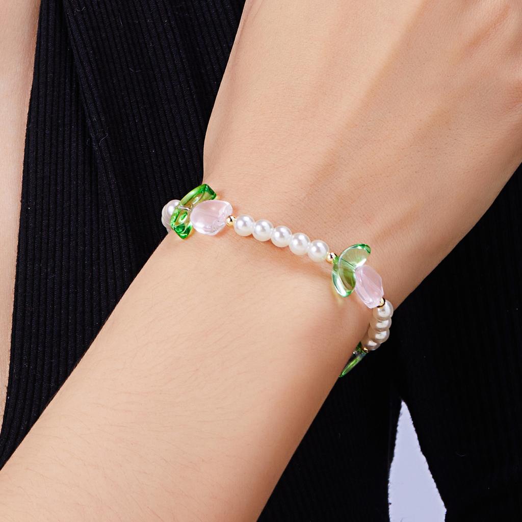 Neues Mode Süßes Tulpenblumen Halskette Armband Set Für Frauen Elegante Perlen Schlüsselbein Kette Halskette Party Schmuck Geschenk
