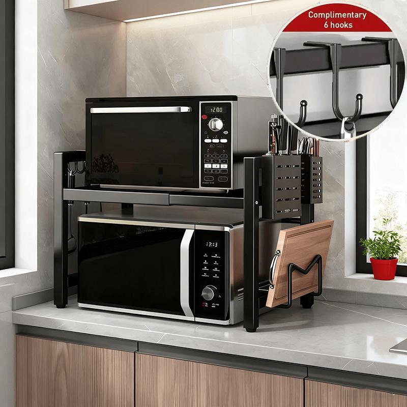 1pc Heavy-Duty Expandable Microwave Stand,Kitchen Storage Shelf,Adjustable 2-Tier Carbon Countertop Organizer