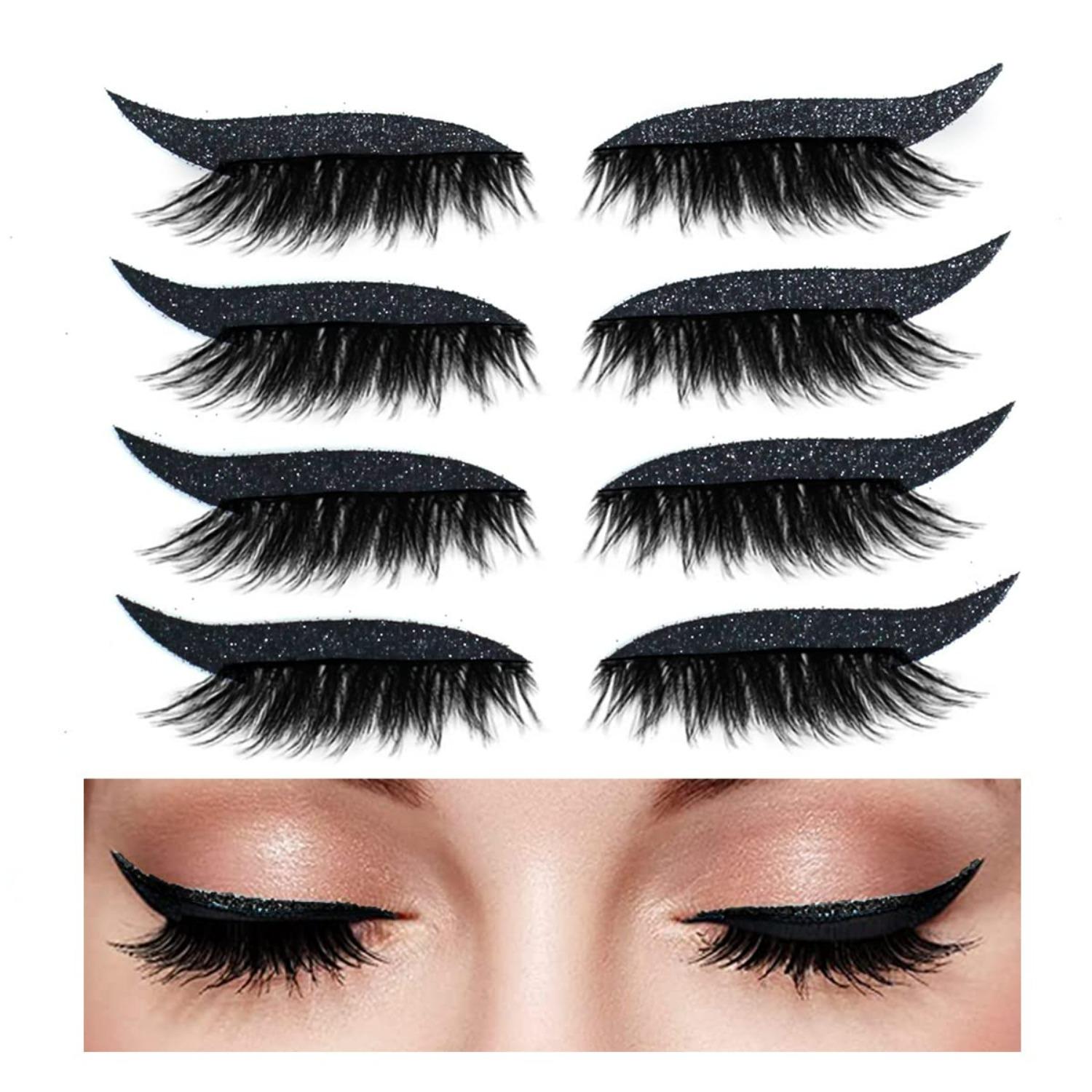 

Reusable Eyelashes & Eyeliner Stickers - Natural & Waterproof Makeup Stickers Instant for Women 4 Pairs чёрный