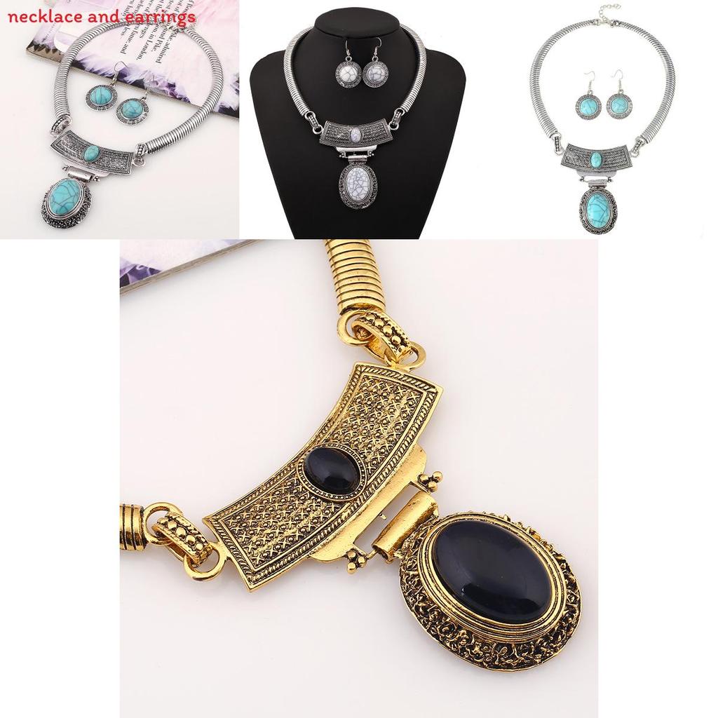 Etnisk Stil Simulering Ädelstensprydnad Dam Halsband och Örhänge Set För Män och Kvinnor