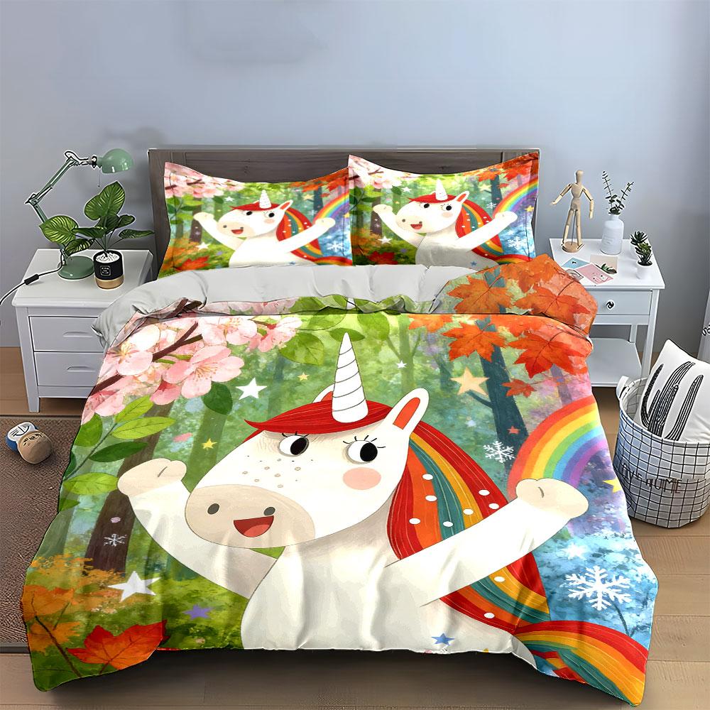 Einhorn Fantasy Dekor Set Weiche Bequeme Bettbezug Bettwäsche Set Enthalten 1*Bettbezug & 2*Kissenbezüge, Geschenk