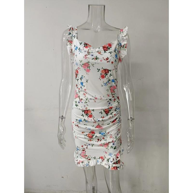 Summer Women Floral Print Butterfly Sleeve Bodycon Dress Ruffle V Neck Bandage Casual Short Sundress Female Beach Spaghetti Strap Mini Dress