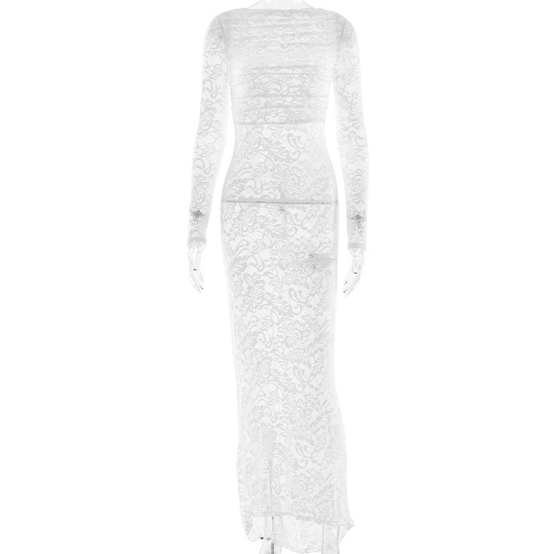 

Western Style Ins New Lace Perspective Slim fit Long dress Sexy Backless Hollow out Long sleeve Sheath Dress White S