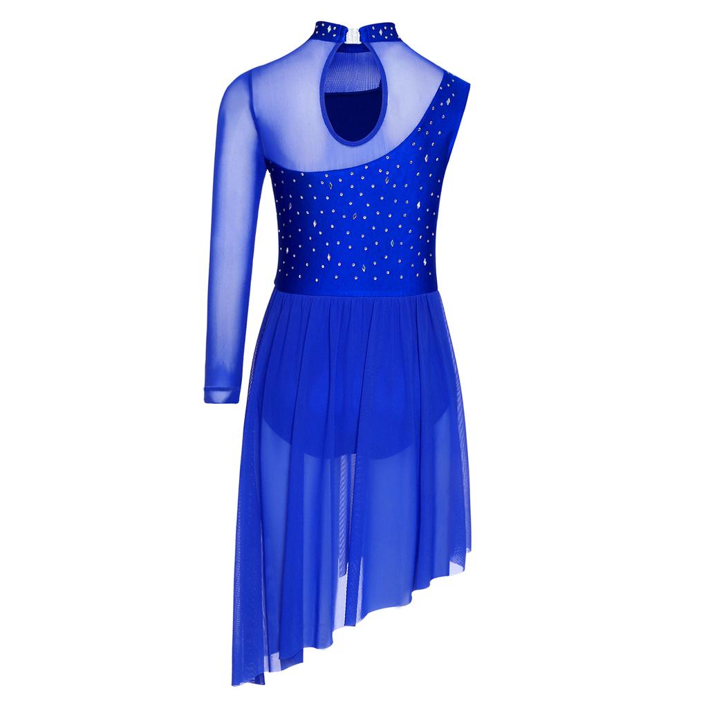Complete Competition Lyrical Costume for Girls: Features Asymmetrical Design, Mock Neck, Mesh & Rhinestone Details