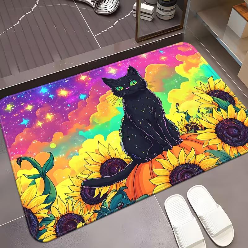 Cozy Cat Door Mat Cute Cartoon Kitten Flowers Pattern Entrance Rug Soft Non-Slip Welcome Mat for Pet Lovers Home Decor