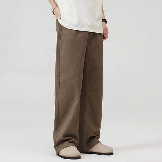 Men Pants Solid Color Straight Wide Leg Retro Style Pants with Pockets Zippered Trousers for Daily Home Streetwear Sports