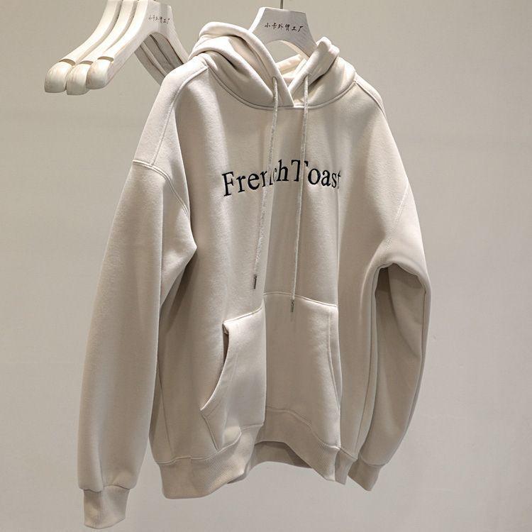 

Женское зимнее худи в стиле ретро с флисовой подкладкой - Корейский стиль, свободный крой, повседневный топ, визуально омолаживающий L (100-115 jin) бежевый