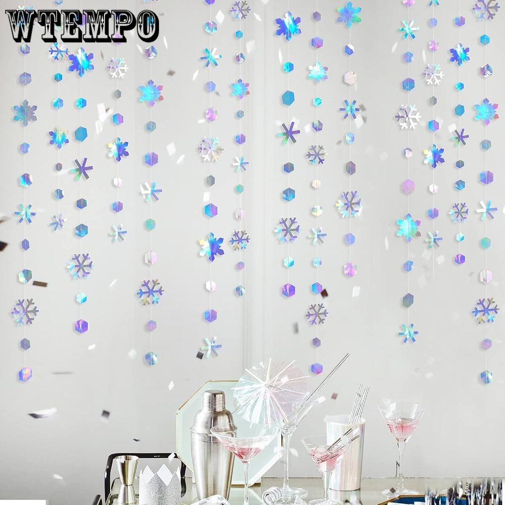 3pcs 39Ft Winter Wonderland Party Decoration Iridescent Snowflake Garland Holographic Paper Snowflake Streamer Snowflake Christmas Decoratio