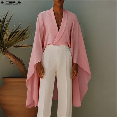 Men V Neck Long Sleeve Mesh Layers Patchwork Casual Loose Cape Shirts