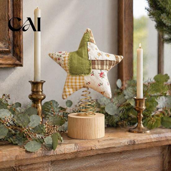 Christmas Tree Topper Star Topper, Patchwork Plush Stuffed Xmas Decor Ornament for Winter Holiday Party Home Pink Green