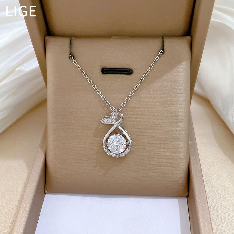 Fish Tail Water Drop Full Diamond Fashion Light Luxury Temperament Gorgeous Full Diamond Necklace Female Versatile Collarbone Chain Titanium Steel