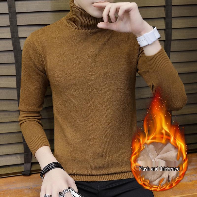 Men's Solid Color High Neck Thickened Knit Sweater - Cozy Autumn/Winter Base Layer